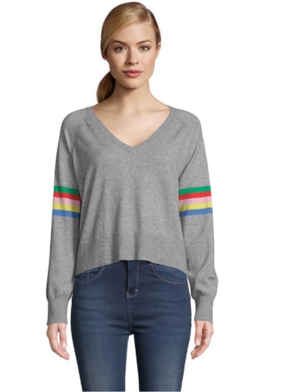 Capcakes and Cashmere Women's Viscose Blend Sweater Rainbow Striped Sleeve Sz XS
